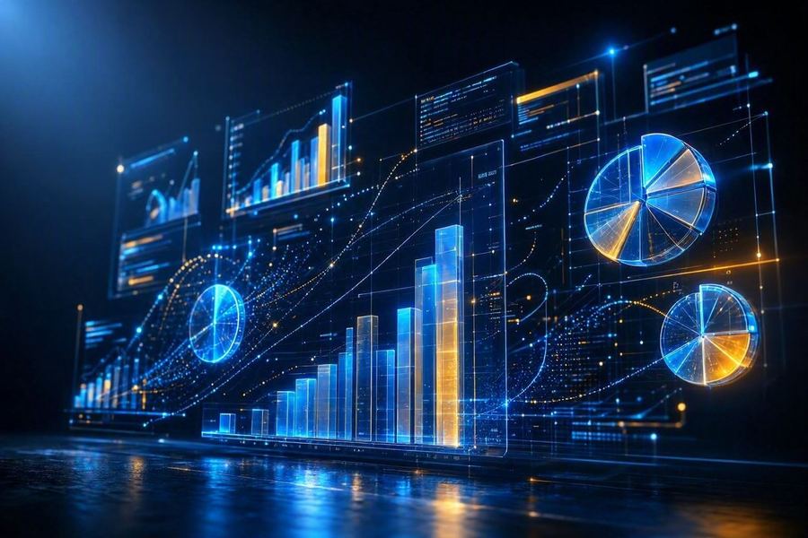 Abstract visualization of a Power BI-style analytics dashboard